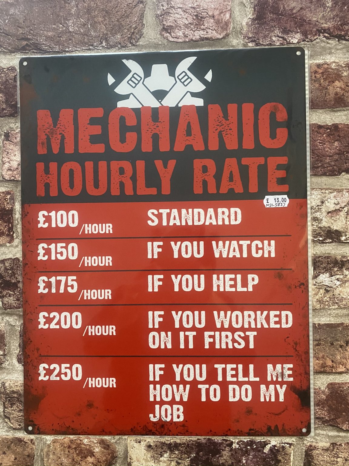 Metal Sign, Mechanic Hourly Rate, Large Then Retro