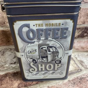 Storage Tin Box Medium, Clip Top Lid, Vespa Ape Coffee Shop