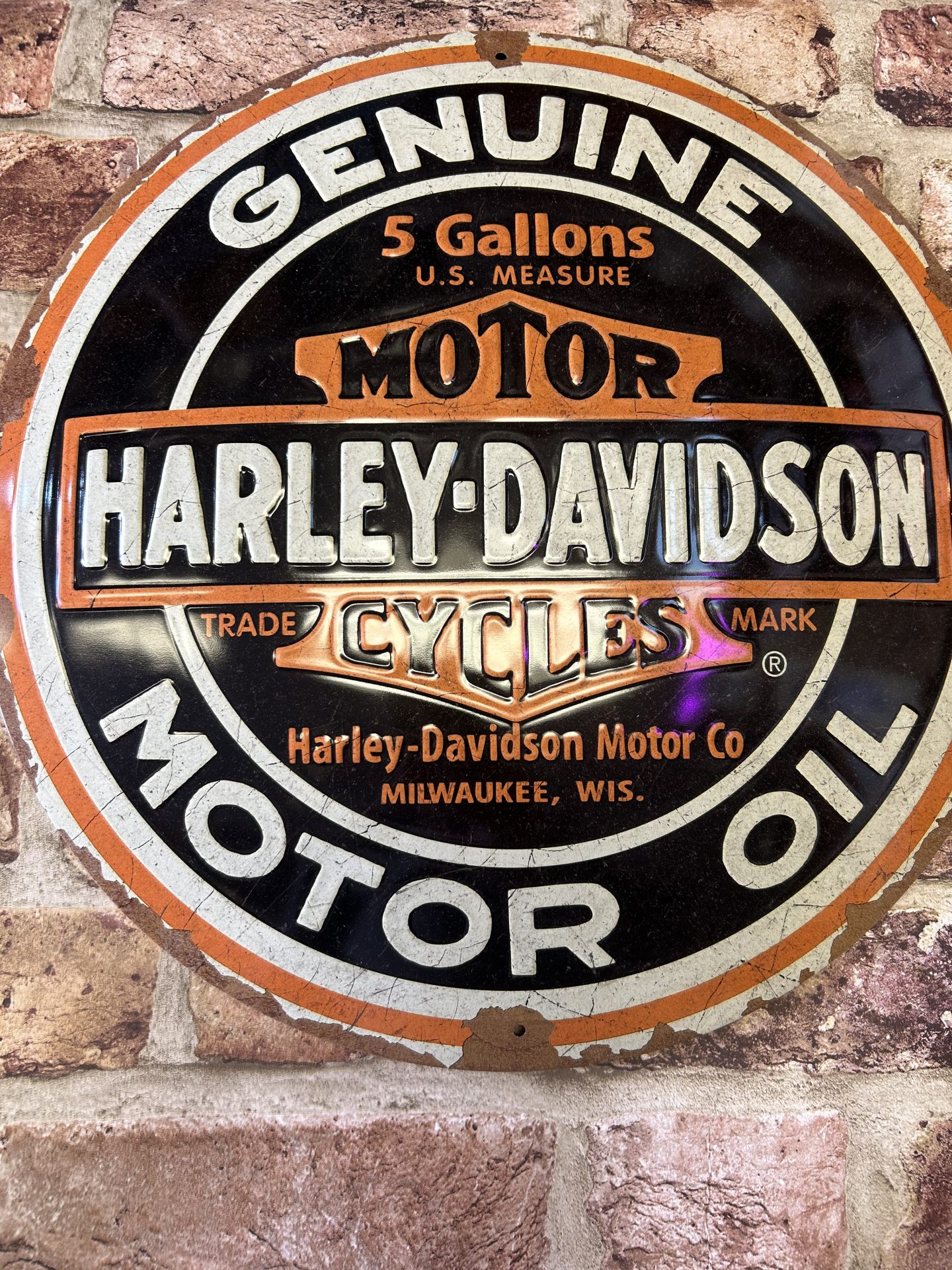 Metal Sign Embossed Large Round Harley Davidson Genuine Motor Oil