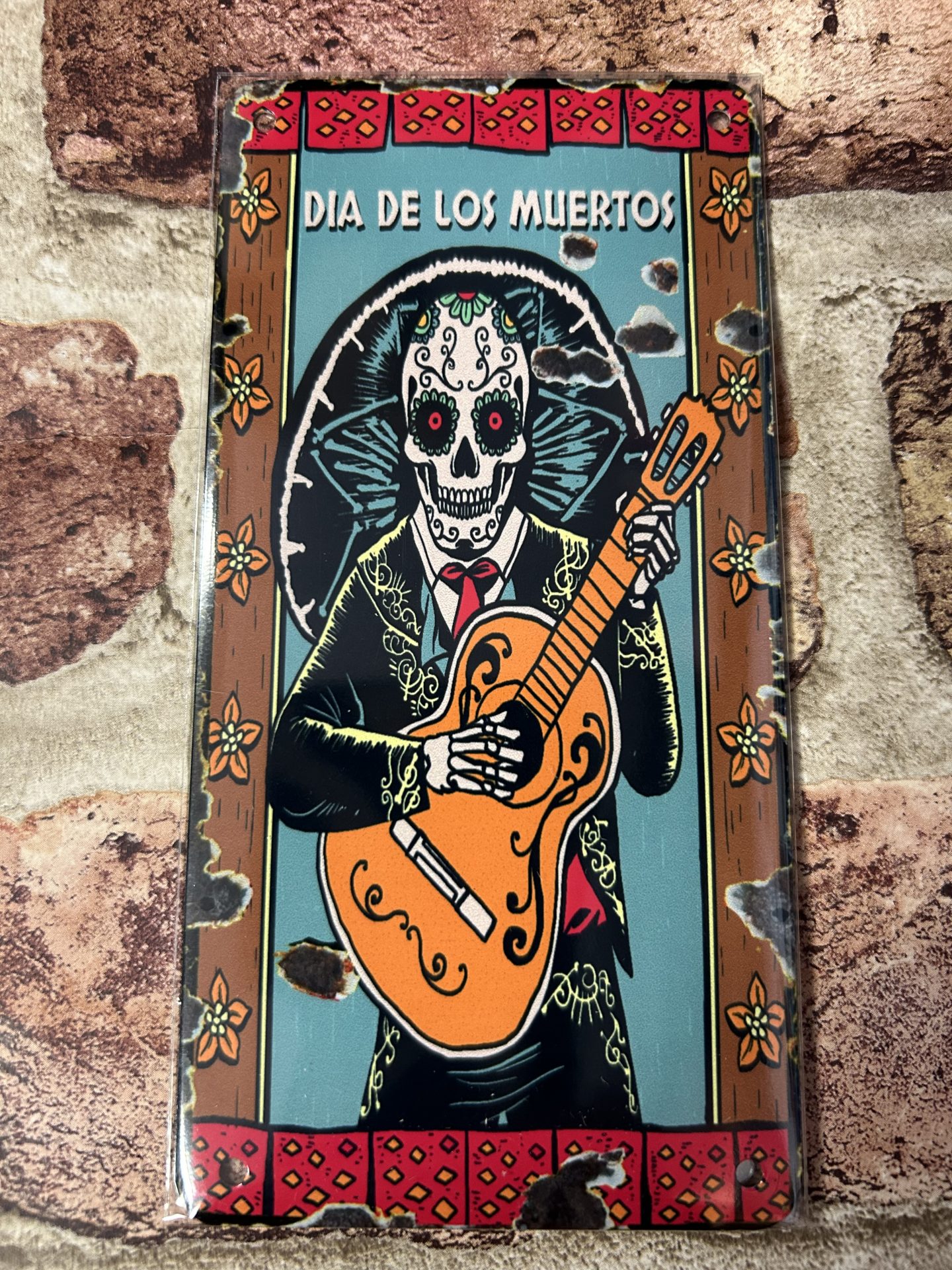 Metal Sign Aluminium, Day Of The Dead Guitar Player Skull, Mini Long