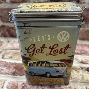Storage Tin Box Medium, Clip Top Lid, VW Camper/Bulli Let's Get Lost