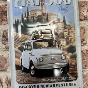 Metal Sign Embossed, Fiat 500 Discover New Adventures