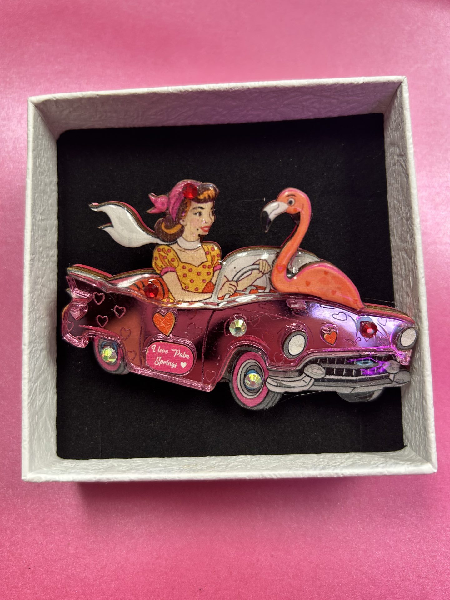 Retro Frankie and Flamingo In Car Pin Brooch