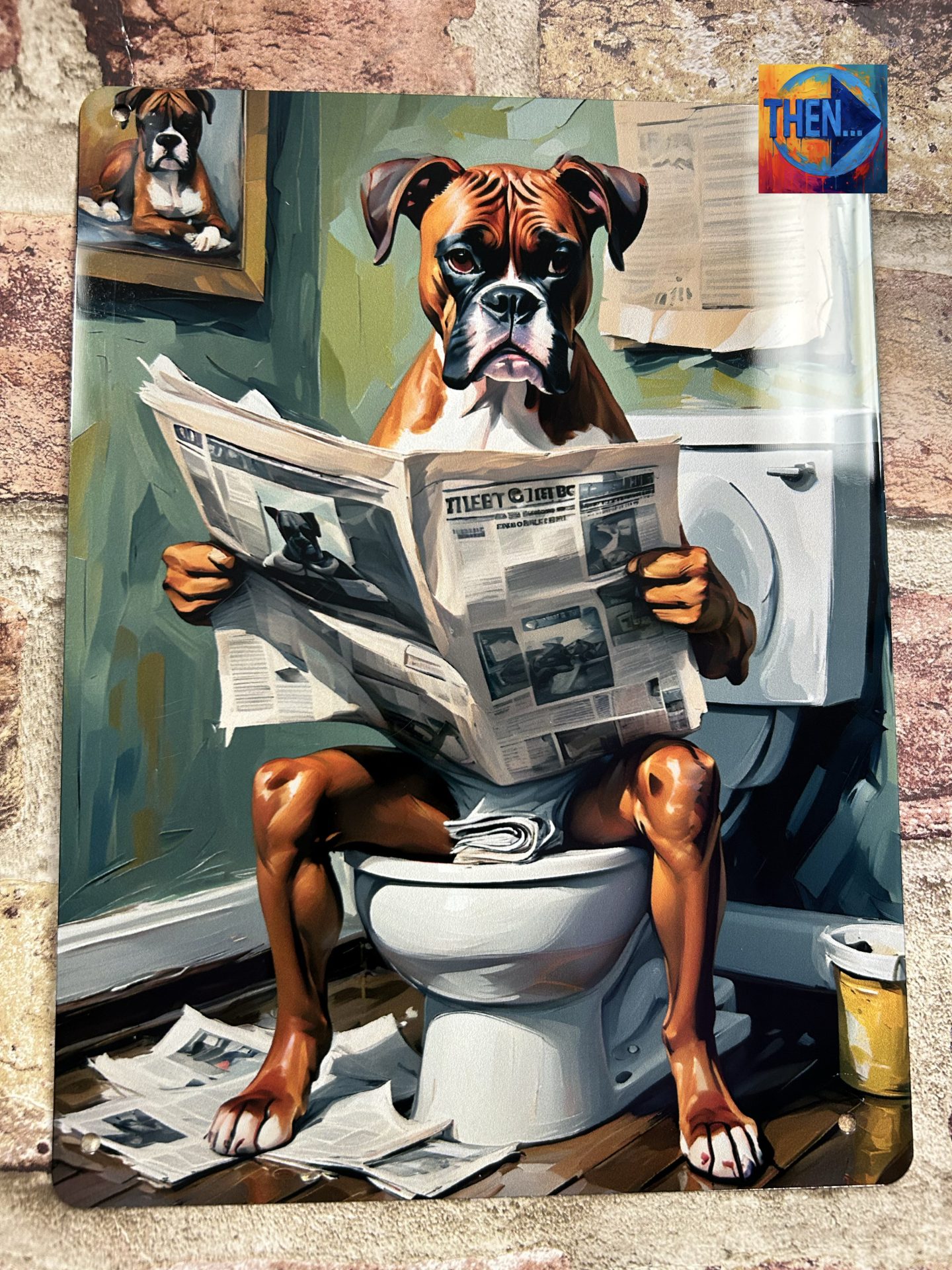 Metal Sign Aluminium, Boxer Dog On Toilet, Small