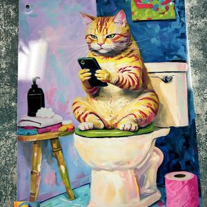 Metal Sign Aluminium, Tabby Cat On Toilet With Phone, Small